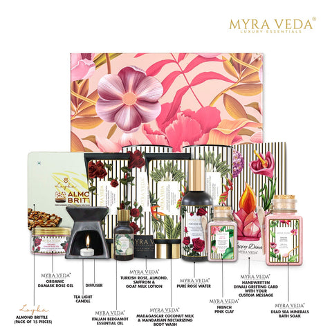 Myra Veda's Limited-Edition EXTRA-LARGE DIWALI  'LUXURY ESCAPE' Self-Care Heritage Hamper - Ensemble of 8