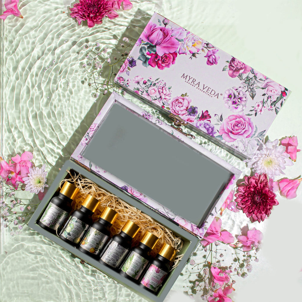 Myra Veda Essential Oils + Diffuser Kit + Tea Light Candle Gift Hamper